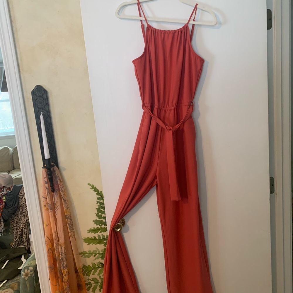Bishop + Young Orange Jumpsuit with Spaghetti Straps and Tie Waist